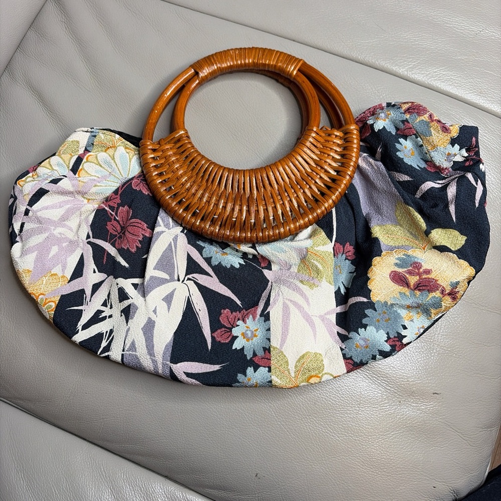 Floral Print Bamboo Handle Handbag Y2K Boho Rattan Bag